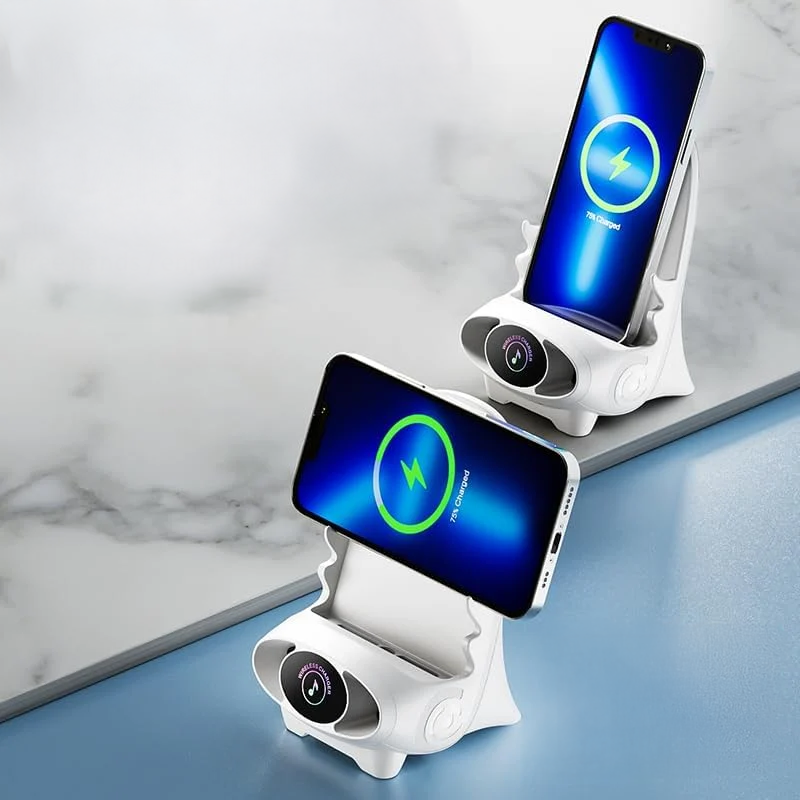 Incarcator Wireless cu Încărcare Rapidă, Suport Telefon Multifuncțional, Mini Stație cu Difuzor și sistem de parfum.