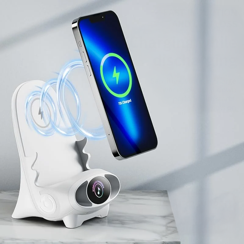 Incarcator Wireless cu Încărcare Rapidă, Suport Telefon Multifuncțional, Mini Stație cu Difuzor și sistem de parfum.